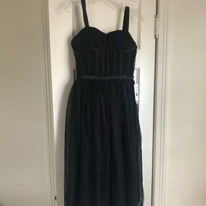 Corset and tulle polka dot overlay midi dress